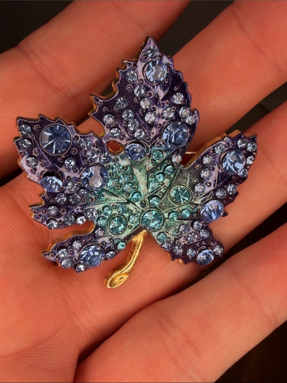 Crystal Maple Leaf Brooch in Blue-Green